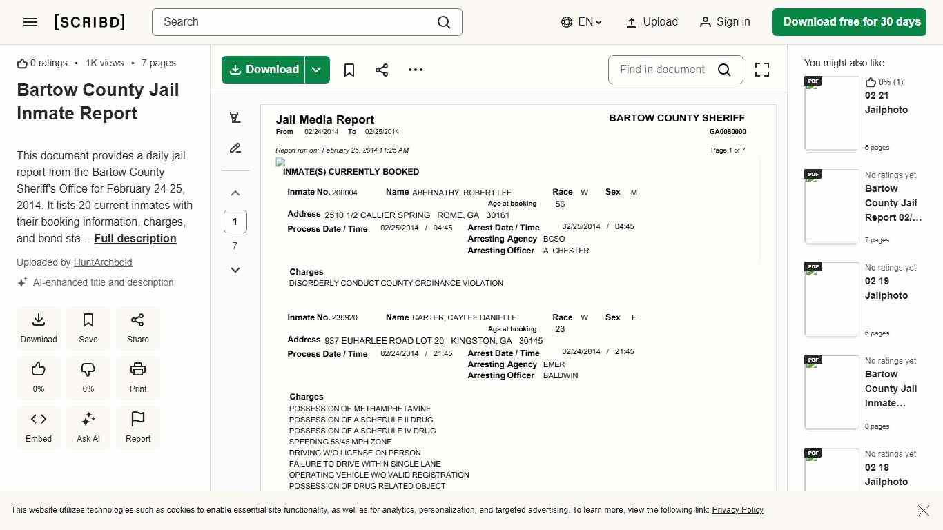 Bartow County Jail Inmate Report PDF Probation Deviance (Sociology)